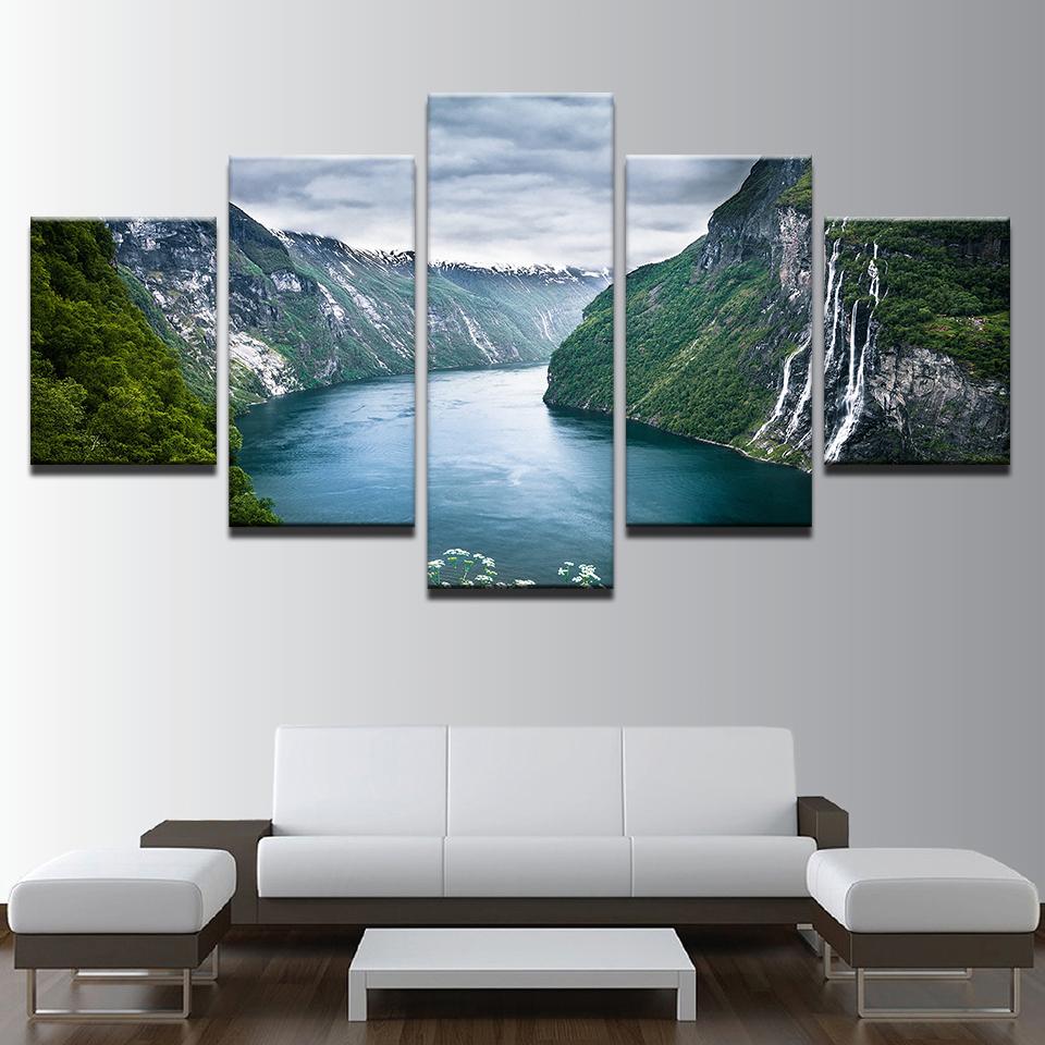 Green Mountain And River - Nature 5 Panel Canvas Art Wall Decor Green Mountain And River - Nature 5 Panel Canvas Art Wall Decor