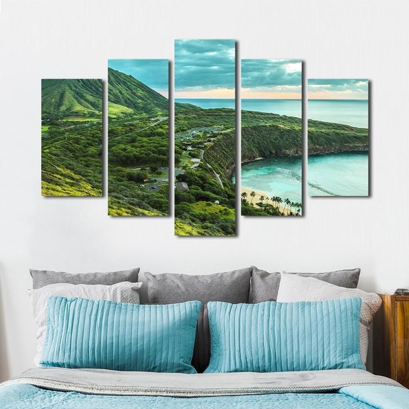 Green Mountains Sea - Nature 5 Panel Canvas Art Wall Decor Green Mountains Sea - Nature 5 Panel Canvas Art Wall Decor