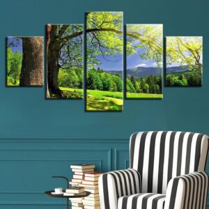 Green Tree Forest Mountain - Nature 5 Panel Canvas Art Wall Decor