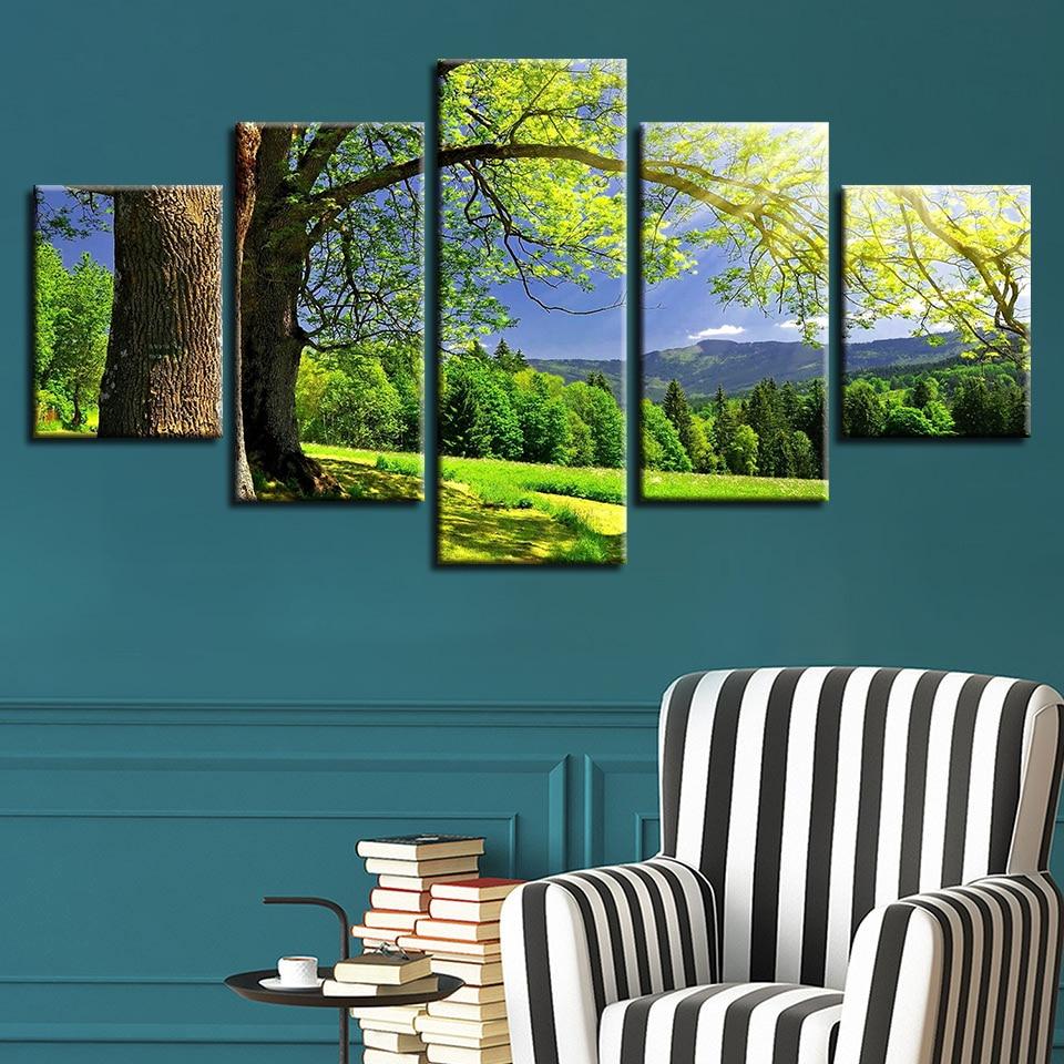 Green Tree Forest Mountain - Nature 5 Panel Canvas Art Wall Decor Green Tree Forest Mountain - Nature 5 Panel Canvas Art Wall Decor