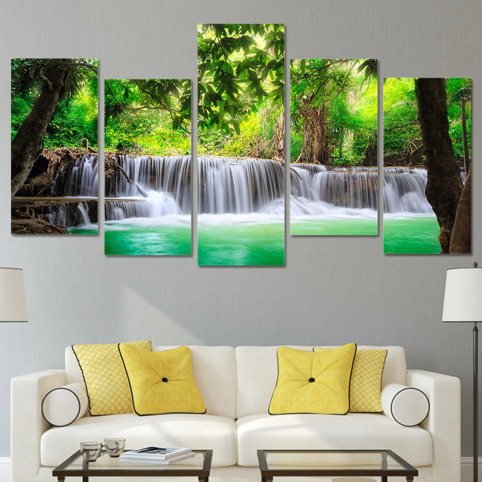 Green Tree Waterfall Landscape - Nature 5 Panel Canvas Art Wall Decor Green Tree Waterfall Landscape - Nature 5 Panel Canvas Art Wall Decor
