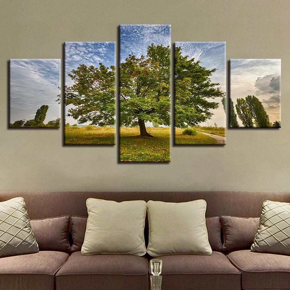 Green Trees And Blue Sky White Cloud Scenery - Nature 5 Panel Canvas Art Wall Decor Green Trees And Blue Sky White Cloud Scenery - Nature 5 Panel Canvas Art Wall Decor