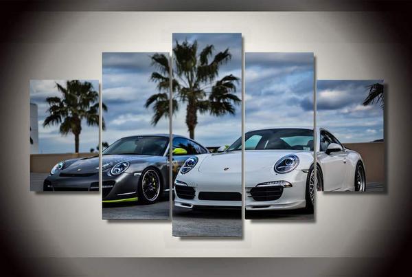 Grey And White Porsche - Automatic 5 Panel Canvas Art Wall Decor Grey And White Porsche - Automatic 5 Panel Canvas Art Wall Decor