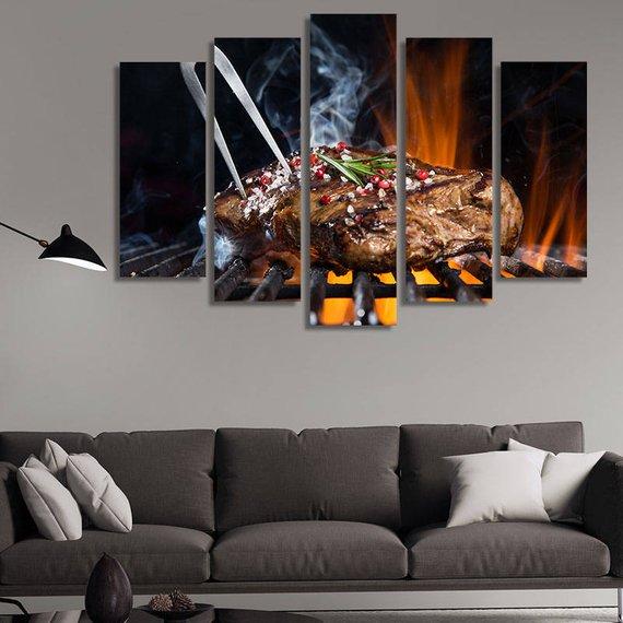 Grilled Beef Steak With Spices - Kitchen 5 Panel Canvas Art Wall Decor Grilled Beef Steak With Spices - Kitchen 5 Panel Canvas Art Wall Decor