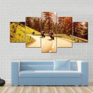 Group Of Motorcyclists Riding On Curves Mountainous Road - Sport 5 Panel Canvas Art Wall Decor