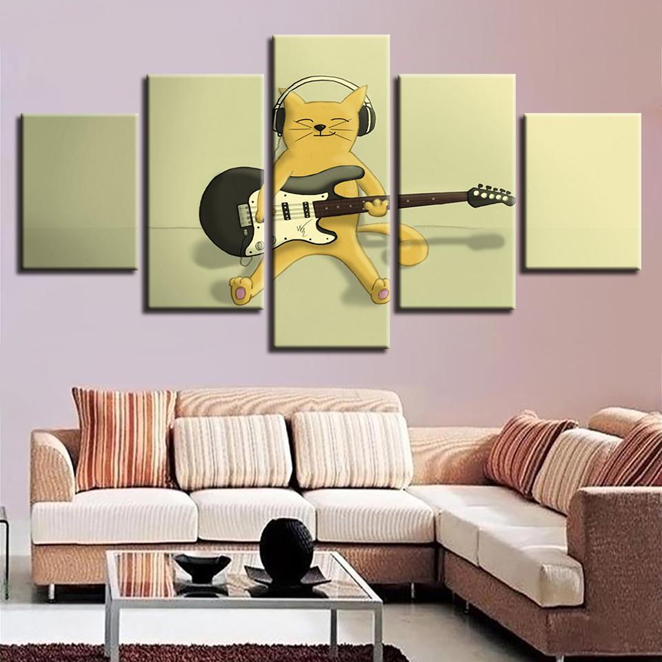 Guitar Cat Cartoon - Abstract Animal 5 Panel Canvas Art Wall Decor Guitar Cat Cartoon - Abstract Animal 5 Panel Canvas Art Wall Decor