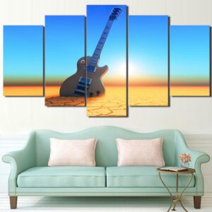 Guitar Vintage Sunset Beach - Music 5 Panel Canvas Art Wall Decor