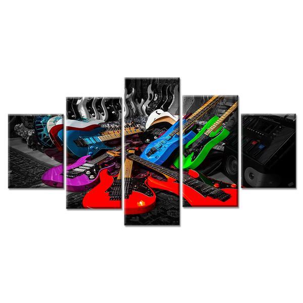 Guitars Red Violet Green Blue - Music 5 Panel Canvas Art Wall Decor Guitars Red Violet Green Blue - Music 5 Panel Canvas Art Wall Decor