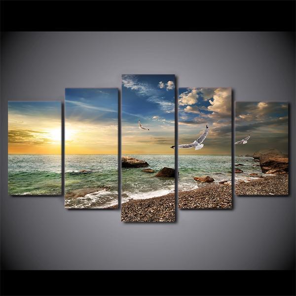 Gulf Beach And Surf At Sunset - Ocean 5 Panel Canvas Art Wall Decor Gulf Beach And Surf At Sunset - Ocean 5 Panel Canvas Art Wall Decor