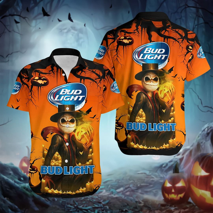 Halloween Jack Skellington Bud Light Logo Hawaiian Shirt Halloween Jack Skellington Bud Light Logo Hawaiian Shirt