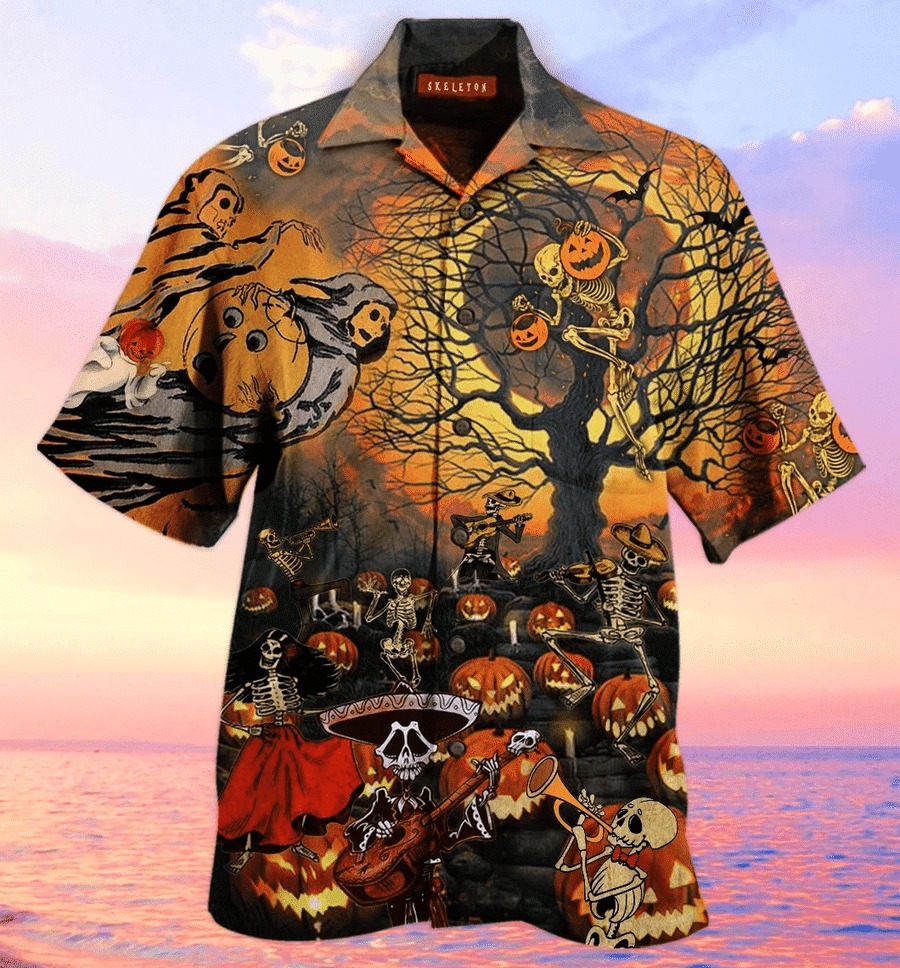 Halloween Skeleton And Pumpkin Hawaiian Shirt Halloween Skeleton And Pumpkin Hawaiian Shirt