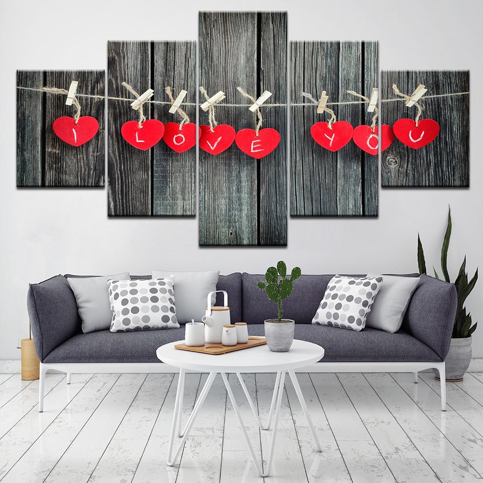 Heart Shape And Letters I Love You - Abstract 5 Panel Canvas Art Wall Decor Heart Shape And Letters I Love You - Abstract 5 Panel Canvas Art Wall Decor