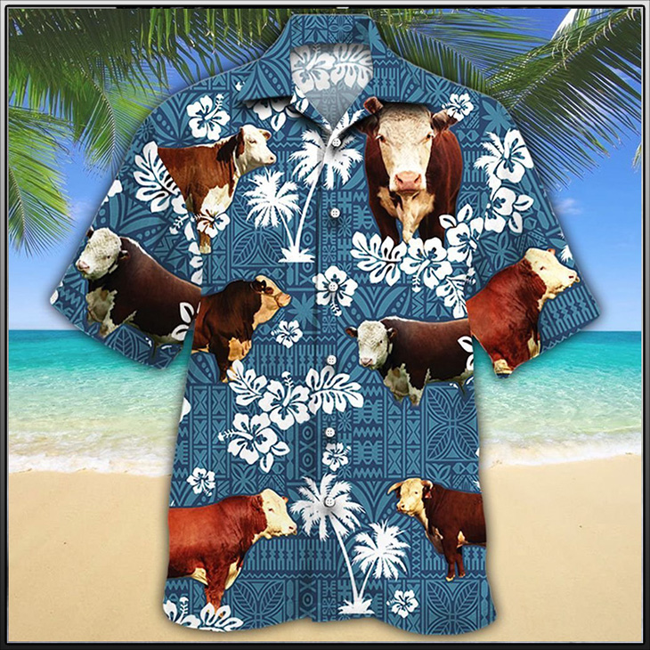 Hereford Cattle Blue Tribal On Hawaiian Shirt Hereford Cattle Blue Tribal On Hawaiian Shirt