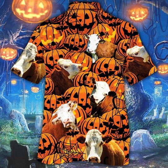 Hereford Cattle Halloween Pumpkin Hawaiian Shirt Hereford Cattle Halloween Pumpkin Hawaiian Shirt