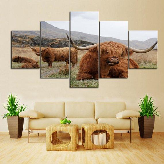 Highland Bull 02 - Animal 5 Panel Canvas Art Wall Decor Highland Bull 02 - Animal 5 Panel Canvas Art Wall Decor