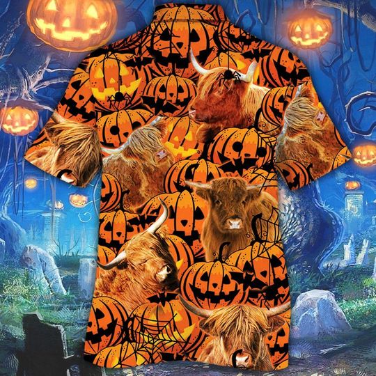Highland Cattle Halloween Pumpkin Hawaiian Shirt Highland Cattle Halloween Pumpkin Hawaiian Shirt