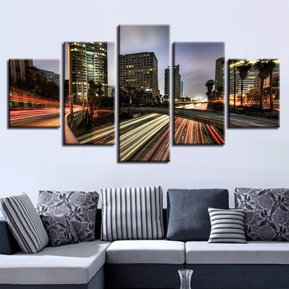 Highway Buildings Night - Nature 5 Panel Canvas Art Wall Decor Highway Buildings Night - Nature 5 Panel Canvas Art Wall Decor