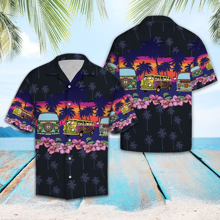 Hippie Bus Border Chest Hawaiian Shirt Summer Button Up Hippie Bus Border Chest Hawaiian Shirt Summer Button Up