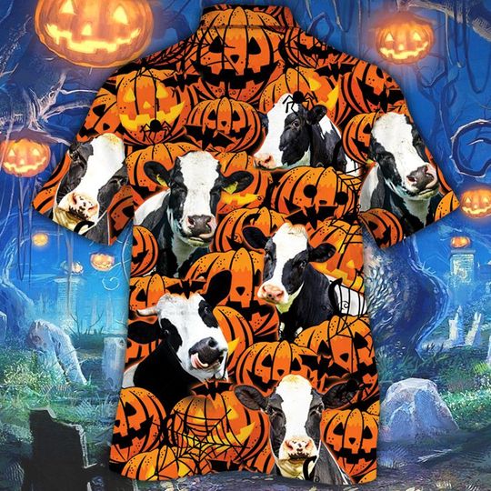 Holstein Friesian Cattle Halloween Pumpkin Hawaiian Shirt Holstein Friesian Cattle Halloween Pumpkin Hawaiian Shirt