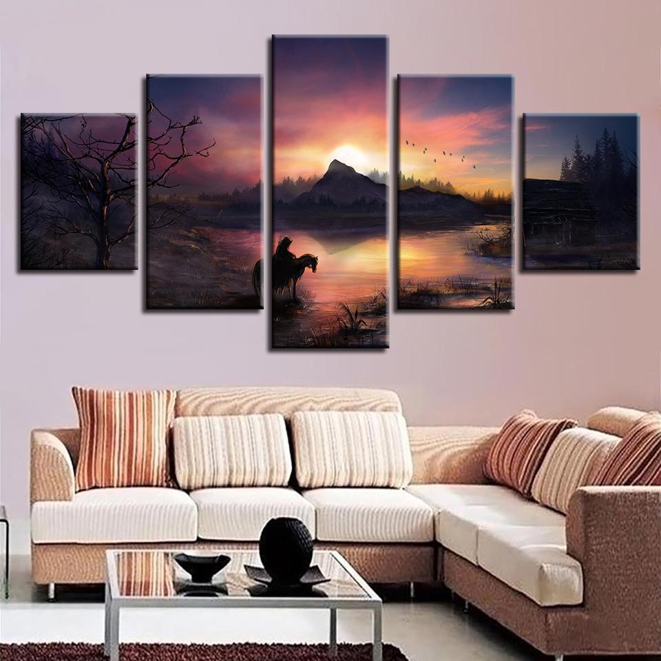 Horse And Bird Sunset - Nature 5 Panel Canvas Art Wall Decor Horse And Bird Sunset - Nature 5 Panel Canvas Art Wall Decor
