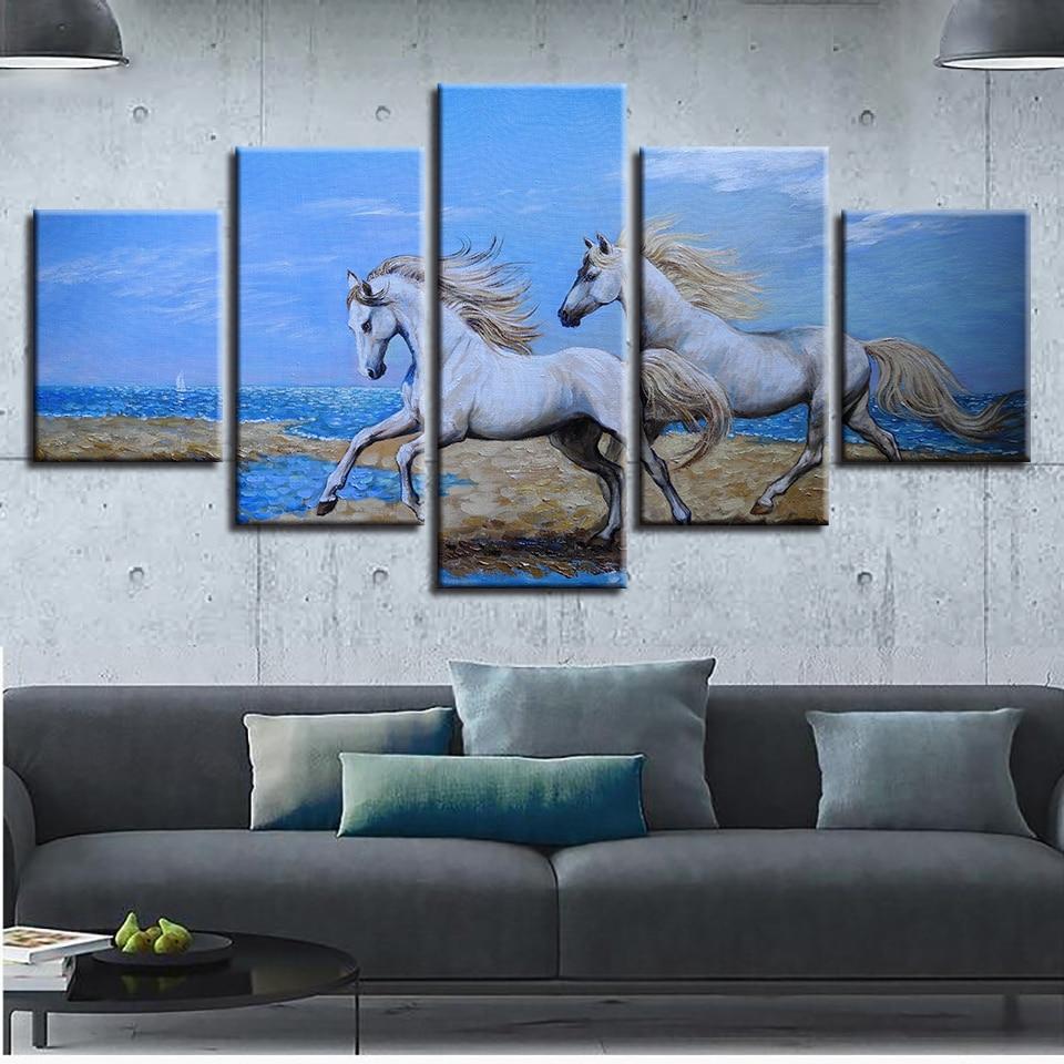 Horse Couple Running - Animal 5 Panel Canvas Art Wall Decor Horse Couple Running - Animal 5 Panel Canvas Art Wall Decor