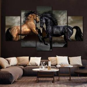 Horse Fight - Animal 5 Panel Canvas Art Wall Decor