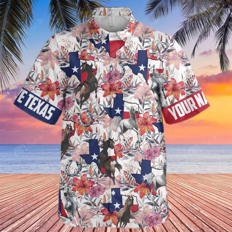 Horse Foliage Texas Flag Pattern Custom Name Hawaii Shirt Horse Foliage Texas Flag Pattern Custom Name Hawaii Shirt