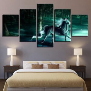 Horse In The Forest Night - Animal 5 Panel Canvas Art Wall Decor