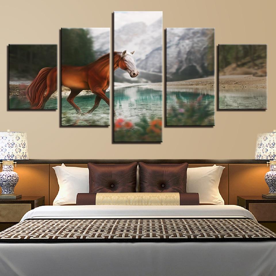 Horse River 01 - Animal 5 Panel Canvas Art Wall Decor Horse River 01 - Animal 5 Panel Canvas Art Wall Decor