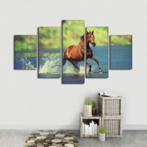 Horse River - Animal 5 Panel Canvas Art Wall Decor