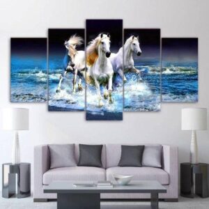 Horses In Water - Animal 5 Panel Canvas Art Wall Decor