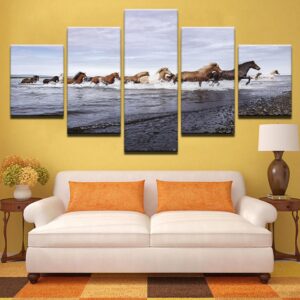 Horses Running By The Sea - Animal 5 Panel Canvas Art Wall Decor