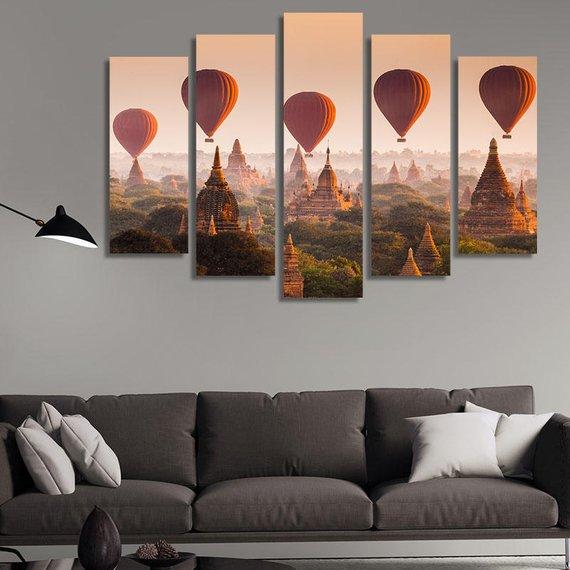 Hot Air Balloons Over Plain Of Bagan - Nature 5 Panel Canvas Art Wall Decor Hot Air Balloons Over Plain Of Bagan - Nature 5 Panel Canvas Art Wall Decor