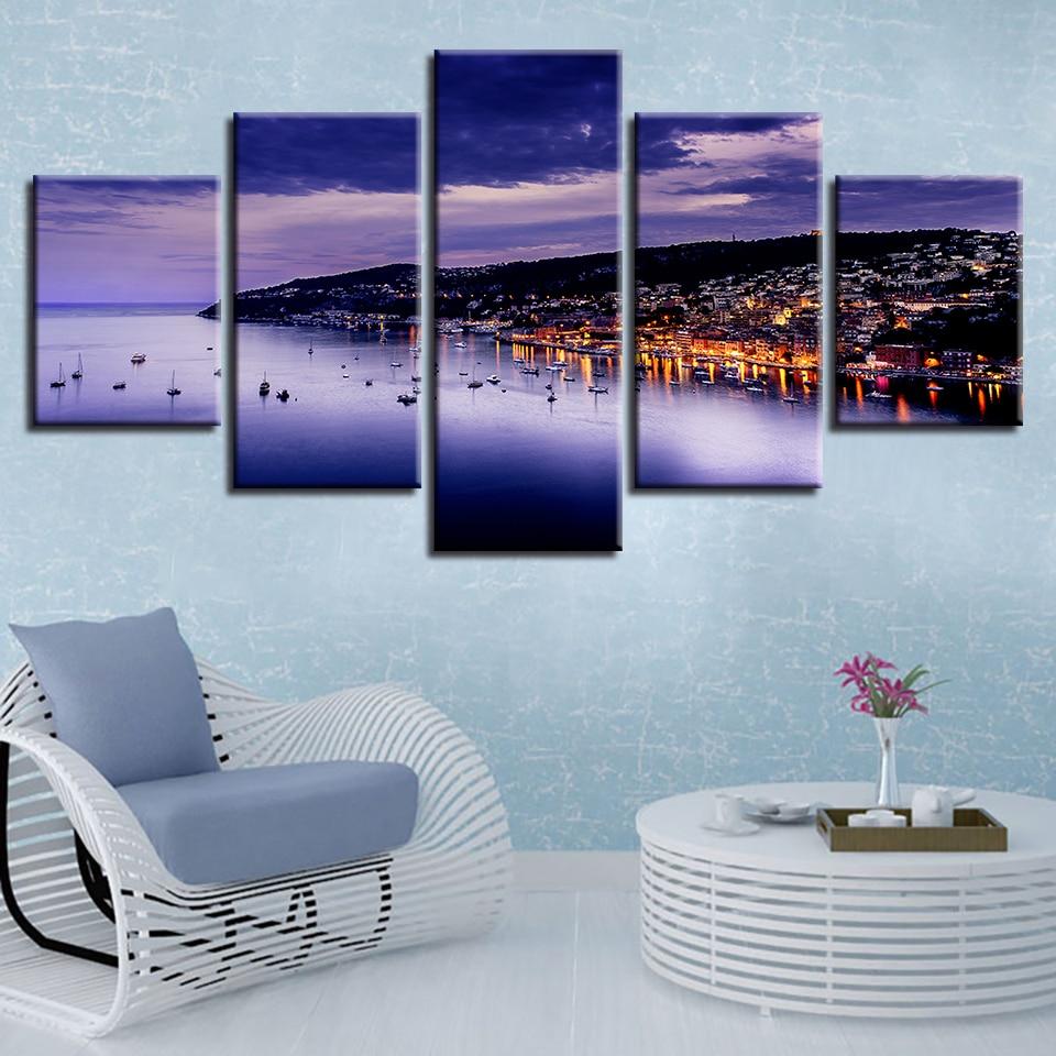 House And Mountain Sea Night - Nature 5 Panel Canvas Art Wall Decor House And Mountain Sea Night - Nature 5 Panel Canvas Art Wall Decor