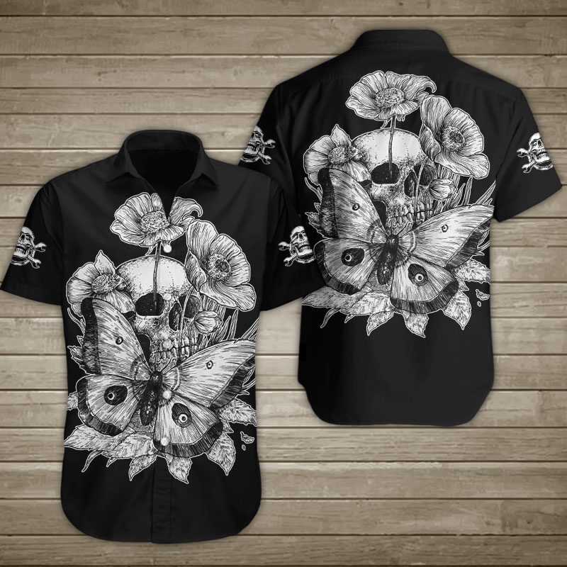 Human Skull With Butterfly Hawaiian Shirt Summer Button Up Human Skull With Butterfly Hawaiian Shirt Summer Button Up