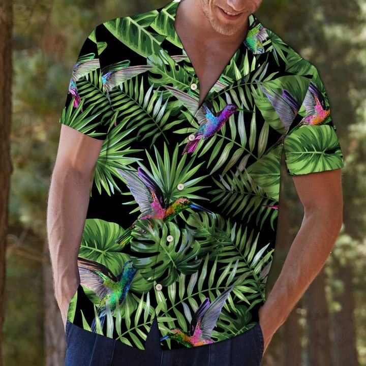 Hummingbird Green Tropical Leaves Hawaiian Shirt Summer Button Up Hummingbird Green Tropical Leaves Hawaiian Shirt Summer Button Up