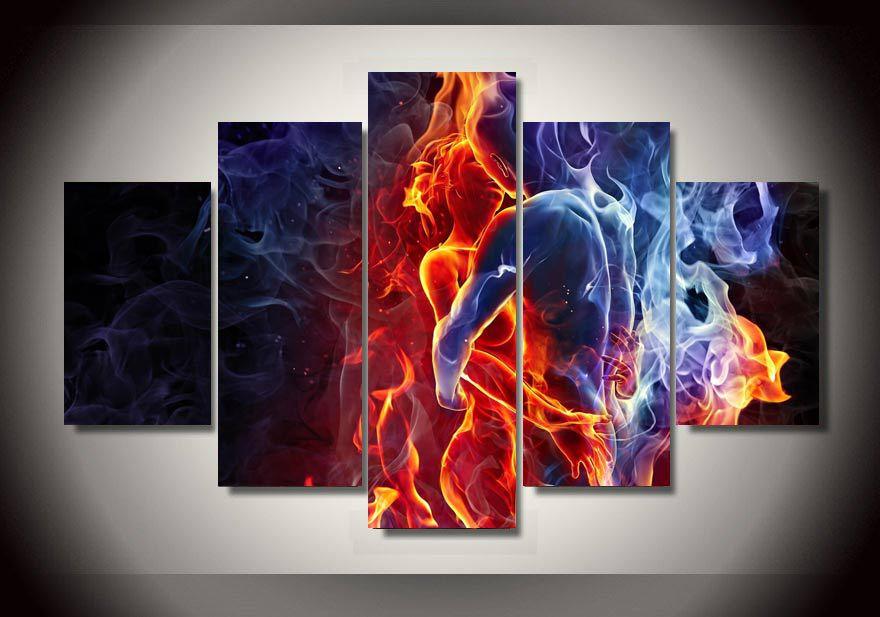 Ice And Fire Hot Couple Kiss Each Other - Abstract 5 Panel Canvas Art Wall Decor Ice And Fire Hot Couple Kiss Each Other - Abstract 5 Panel Canvas Art Wall Decor