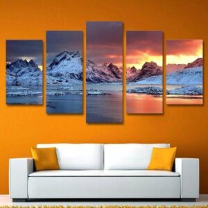 Iceland Mountain Sunset - Nature 5 Panel Canvas Art Wall Decor