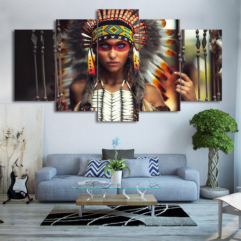 Indian Feather Girl - Army 5 Panel Canvas Art Wall Decor Indian Feather Girl - Army 5 Panel Canvas Art Wall Decor