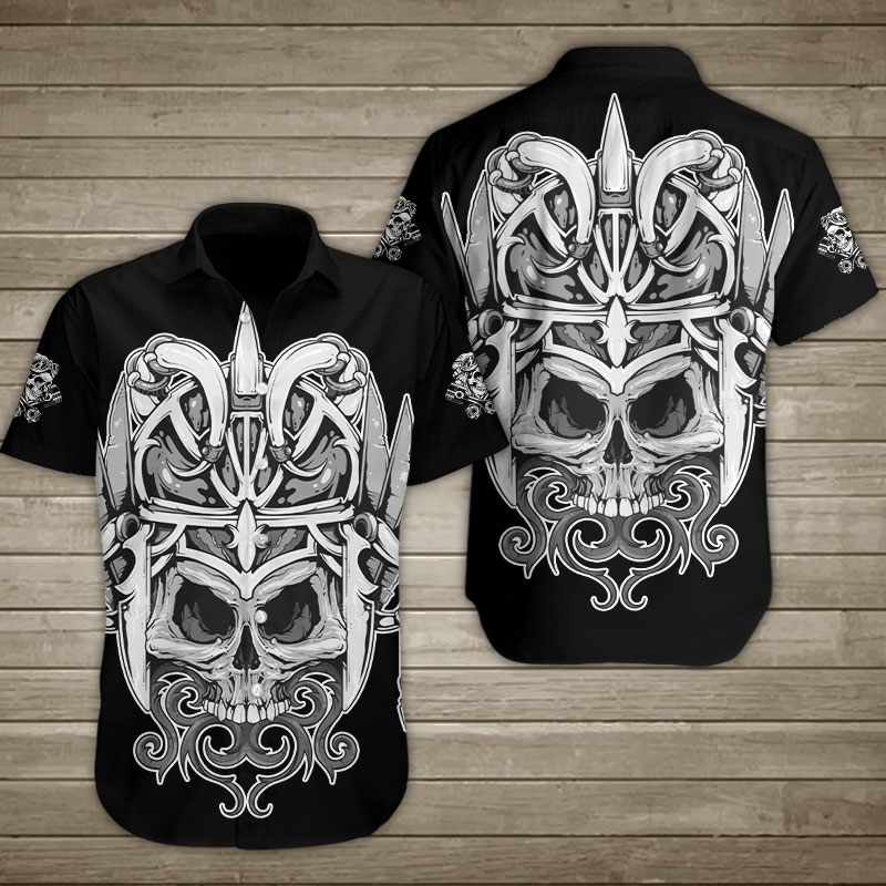 Indianstyle Skull In A Horned Hat Hawaiian Shirt Summer Button Up Indianstyle Skull In A Horned Hat Hawaiian Shirt Summer Button Up