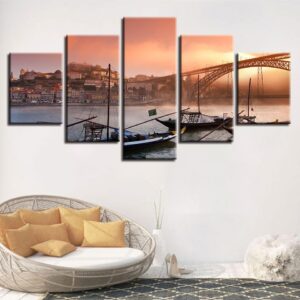 Iron Bridge Ship Sunset - Nature 5 Panel Canvas Art Wall Decor