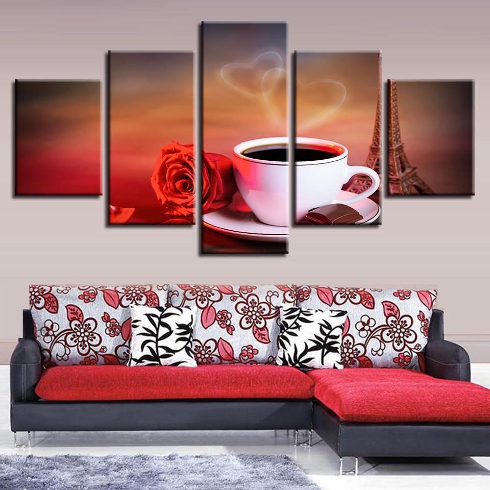Iron Tower Red Rose Heart Shape Coffee - Nature 5 Panel Canvas Art Wall Decor Iron Tower Red Rose Heart Shape Coffee - Nature 5 Panel Canvas Art Wall Decor