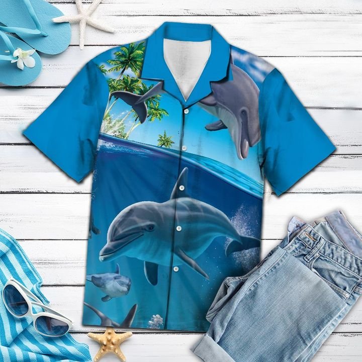Island Dolphin Beach Hawaiian Shirt Summer Button Up Island Dolphin Beach Hawaiian Shirt Summer Button Up