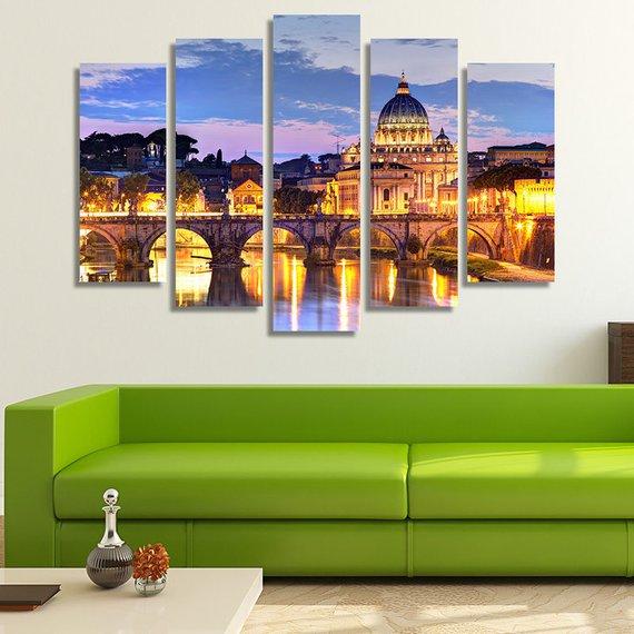 Italy Rome Night View - Nature 5 Panel Canvas Art Wall Decor Italy Rome Night View - Nature 5 Panel Canvas Art Wall Decor