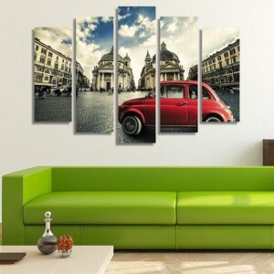 Italy Rome Old Retro Red Car - Automative 5 Panel Canvas Art Wall Decor