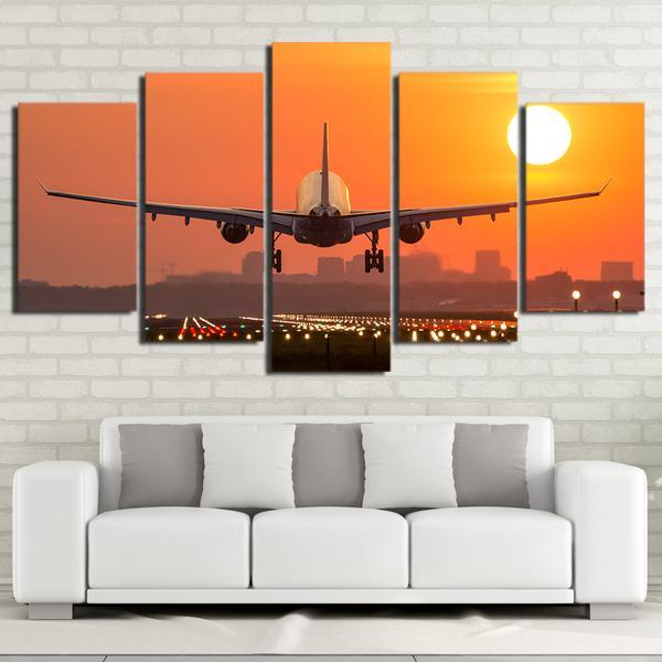 Jet Airplane Taking Off At Sunset - 5 Panel Canvas Art Wall Decor Jet Airplane Taking Off At Sunset - 5 Panel Canvas Art Wall Decor