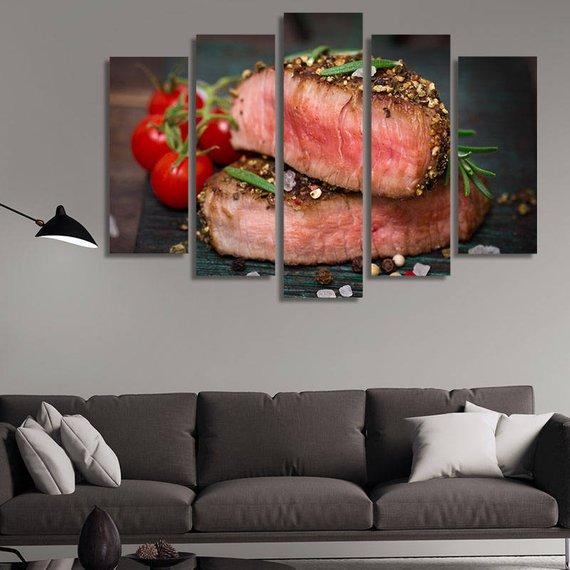 Juicy Medium-Rare Beef Steak - Kitchen 5 Panel Canvas Art Wall Decor Juicy Medium-Rare Beef Steak - Kitchen 5 Panel Canvas Art Wall Decor