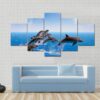 Jumping Dolphins In Blue Sea - Animal 5 Panel Canvas Art Wall Decor