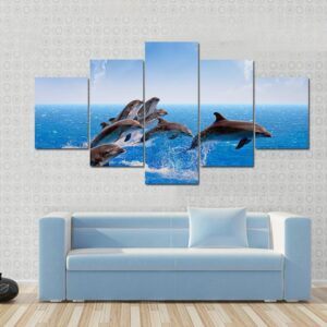 Jumping Dolphins In Blue Sea - Animal 5 Panel Canvas Art Wall Decor