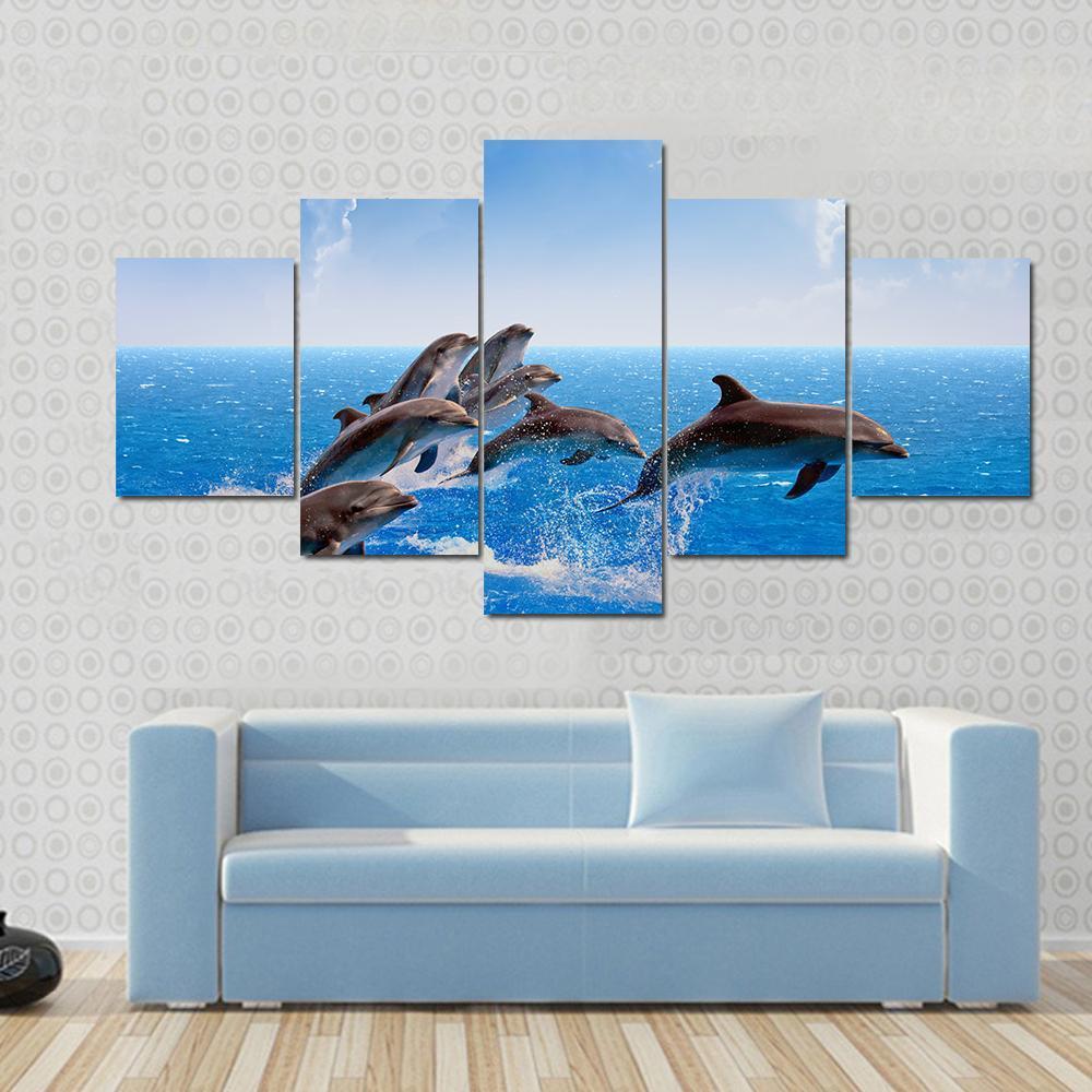 Jumping Dolphins In Blue Sea - Animal 5 Panel Canvas Art Wall Decor Jumping Dolphins In Blue Sea - Animal 5 Panel Canvas Art Wall Decor
